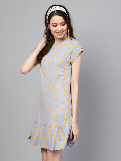 Women's Grey Yellow Polka Frill Hem Dress