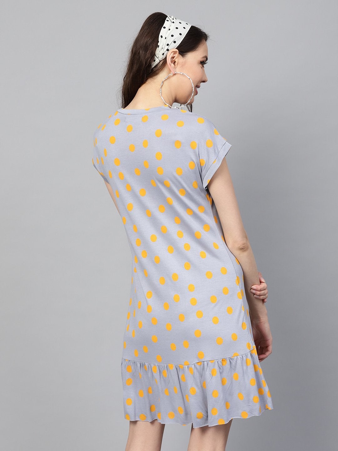Women's Grey Yellow Polka Frill Hem Dress