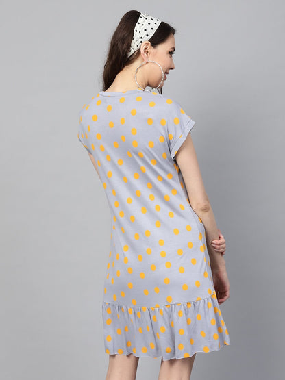 Women's Grey Yellow Polka Frill Hem Dress