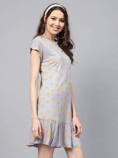 Women's Grey Yellow Polka Frill Hem Dress
