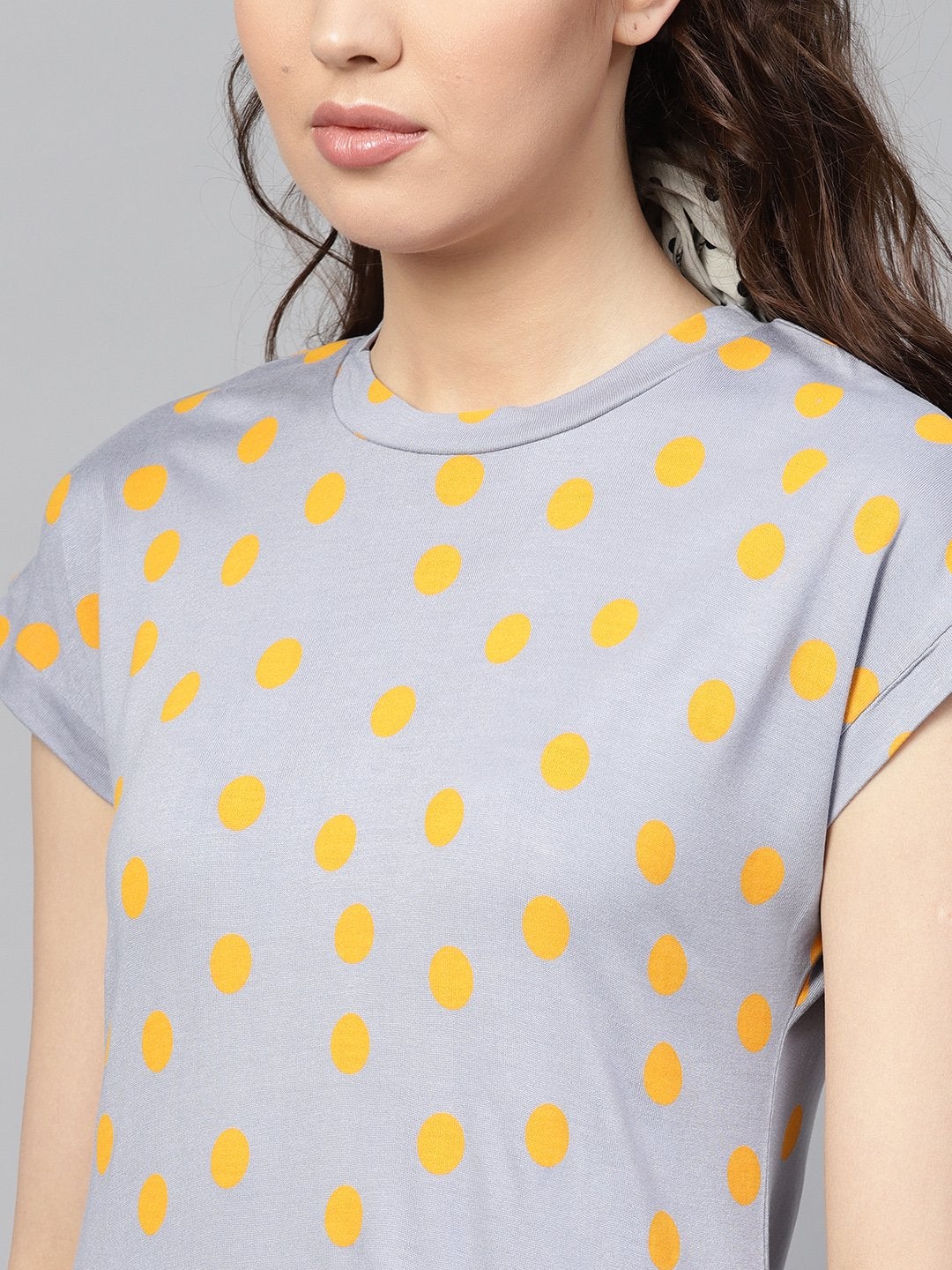 Women's Grey Yellow Polka Frill Hem Dress