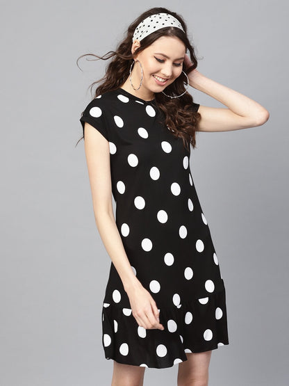 Women's Black & White Polka Frill Hem Dress