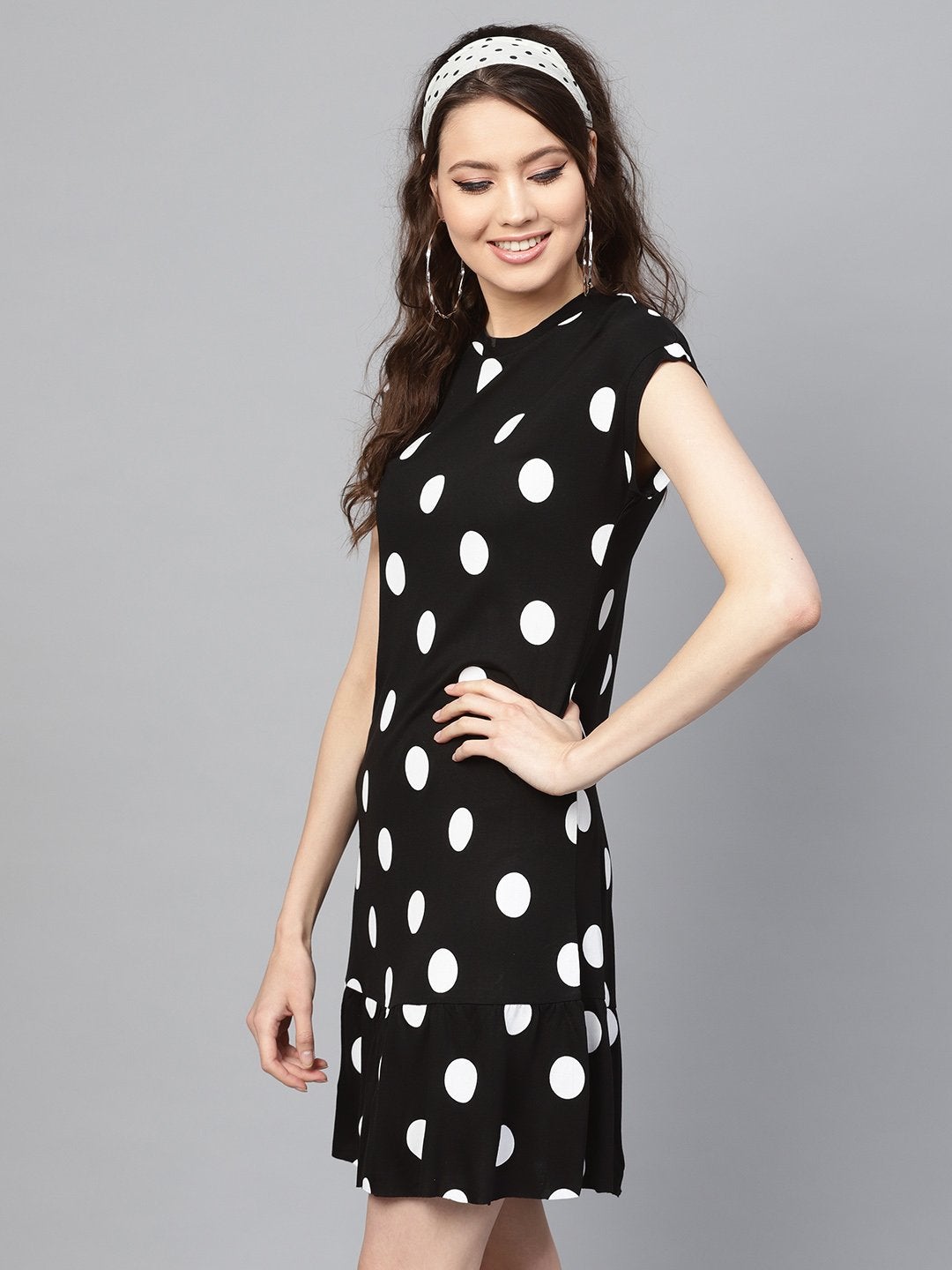 Women's Black & White Polka Frill Hem Dress