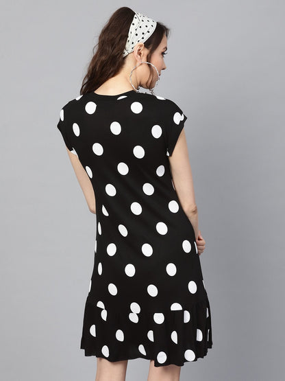Women's Black & White Polka Frill Hem Dress
