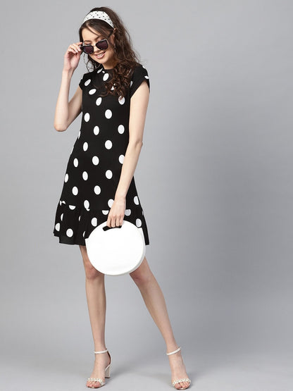 Women's Black & White Polka Frill Hem Dress