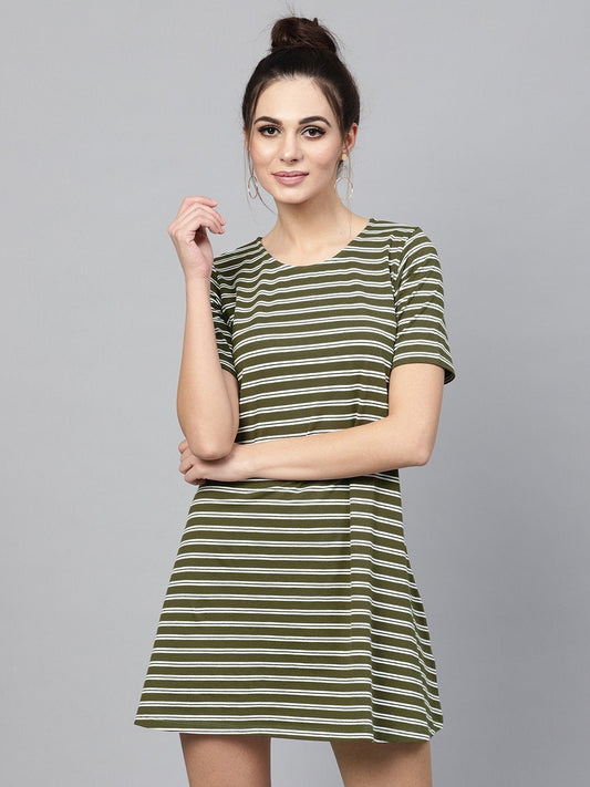 Women's Olive White Stripe Tent Dress