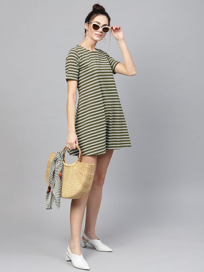Women's Olive White Stripe Tent Dress