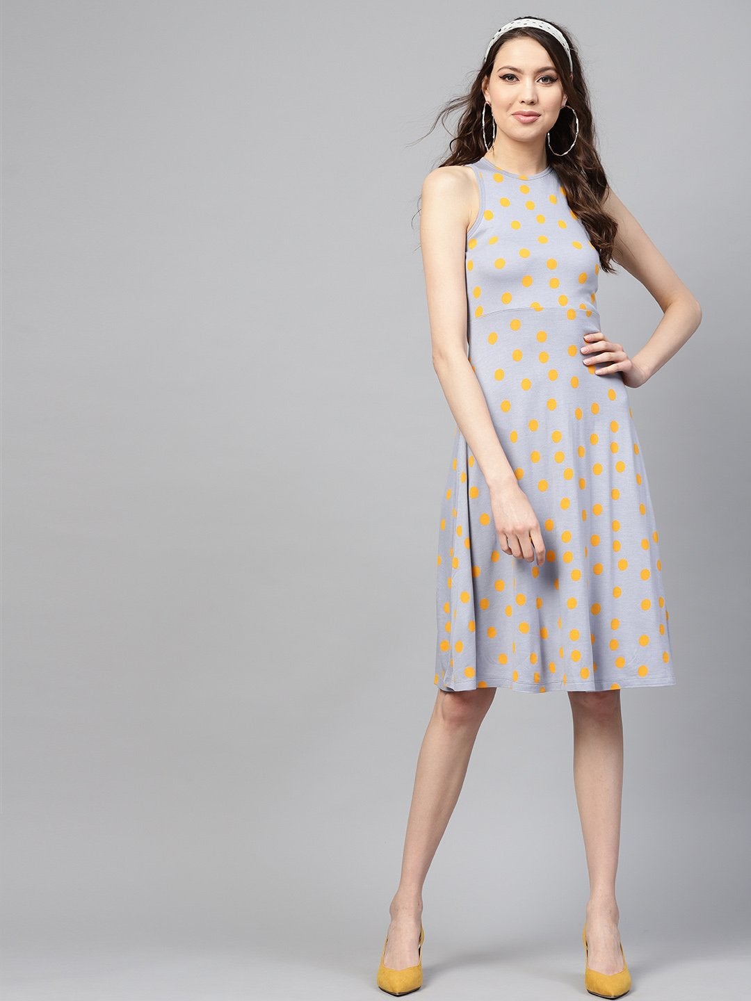 Women's Grey Yellow Polka Skater Dress