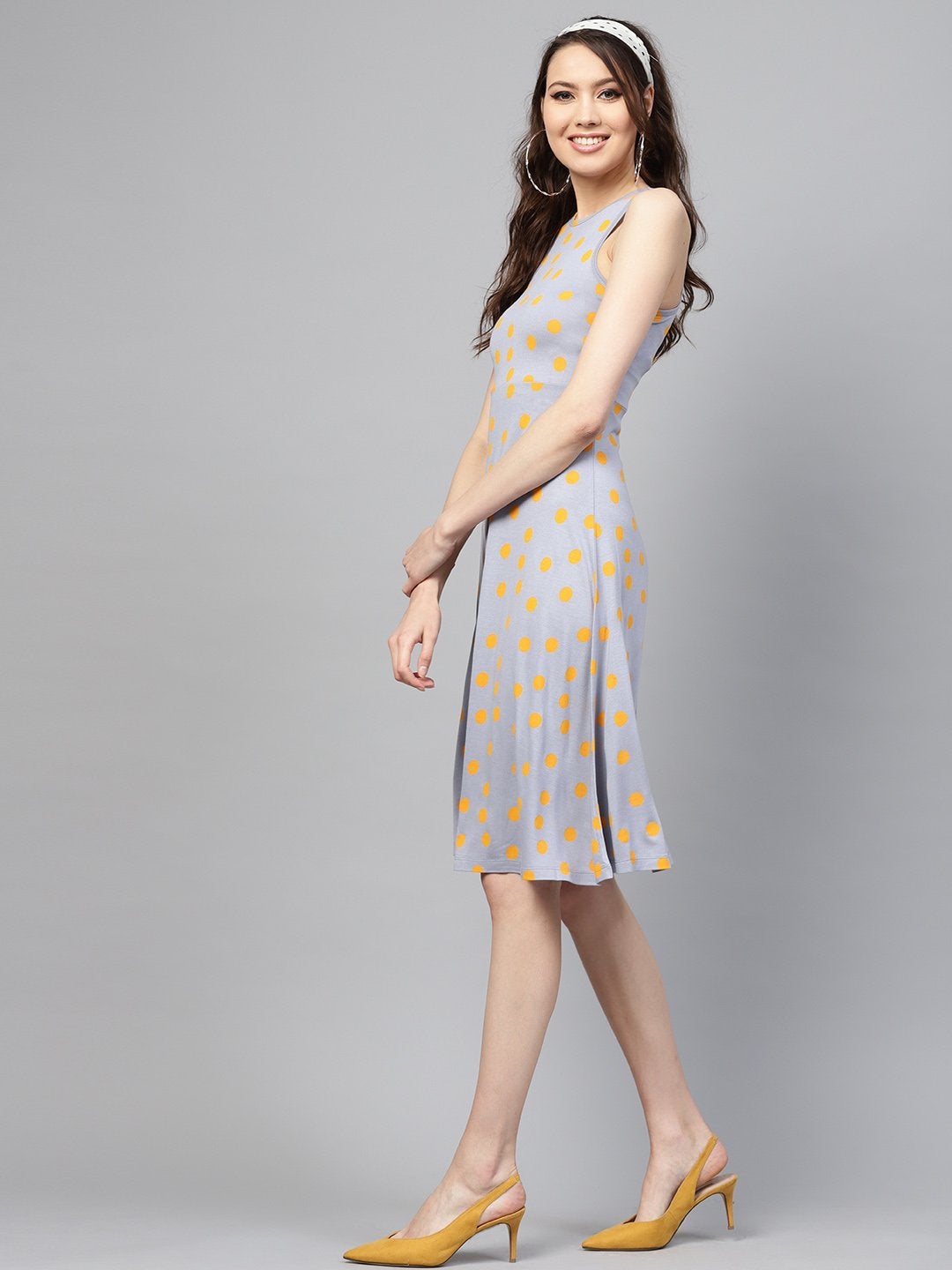 Women's Grey Yellow Polka Skater Dress