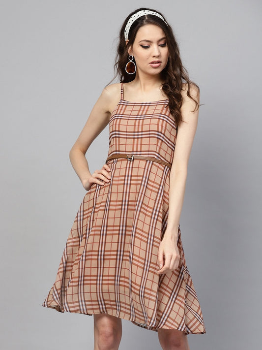 Women's Brown Check Strappy Flared Dress
