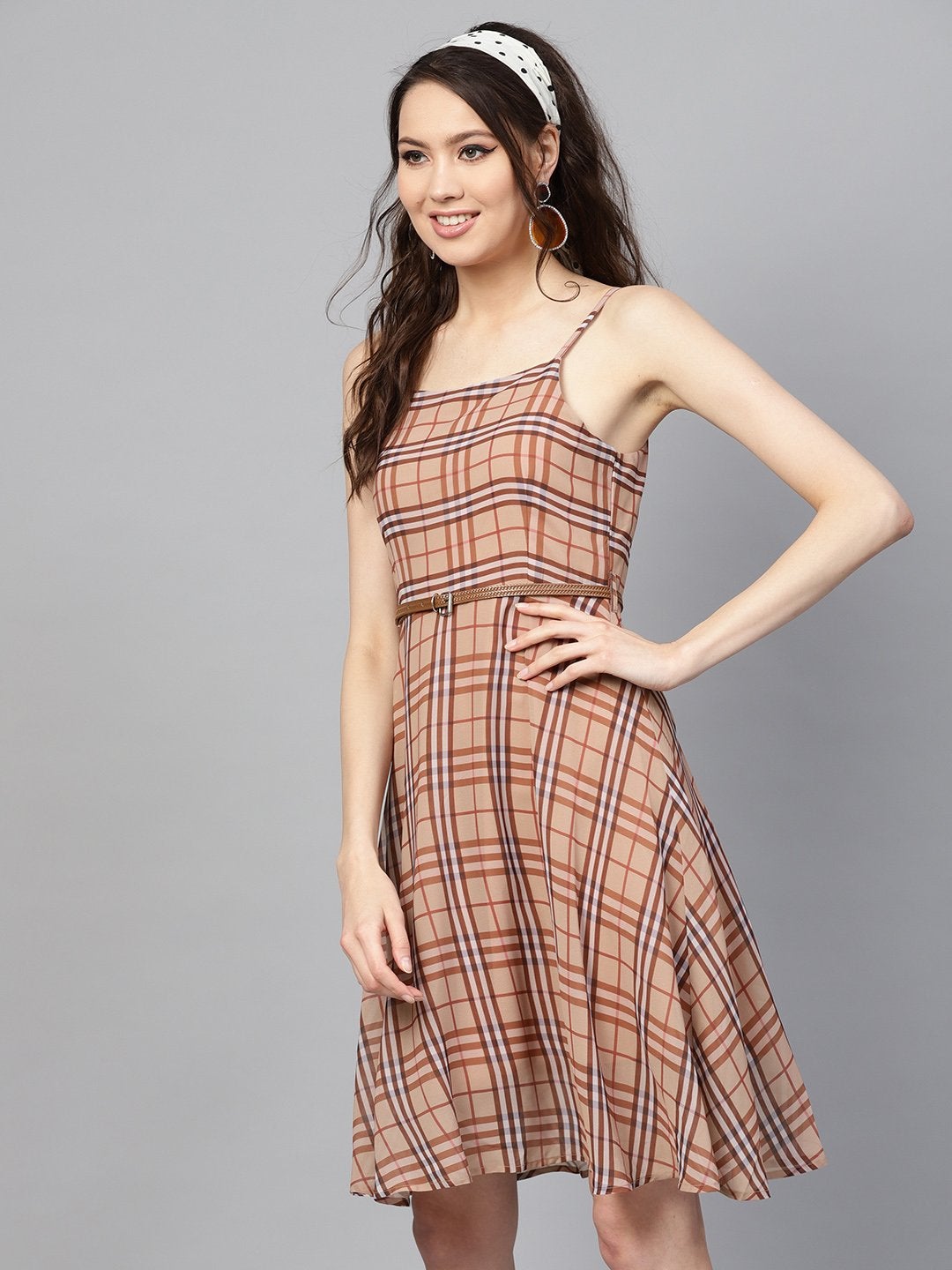 Women's Brown Check Strappy Flared Dress
