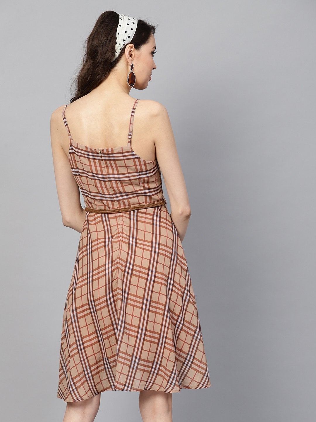 Women's Brown Check Strappy Flared Dress