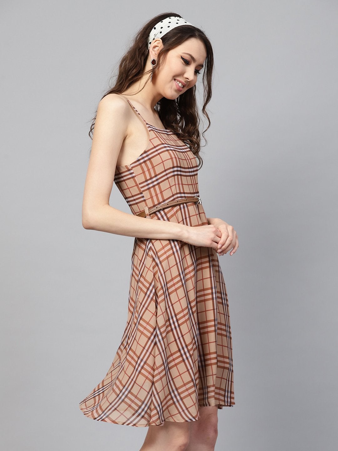 Women's Brown Check Strappy Flared Dress