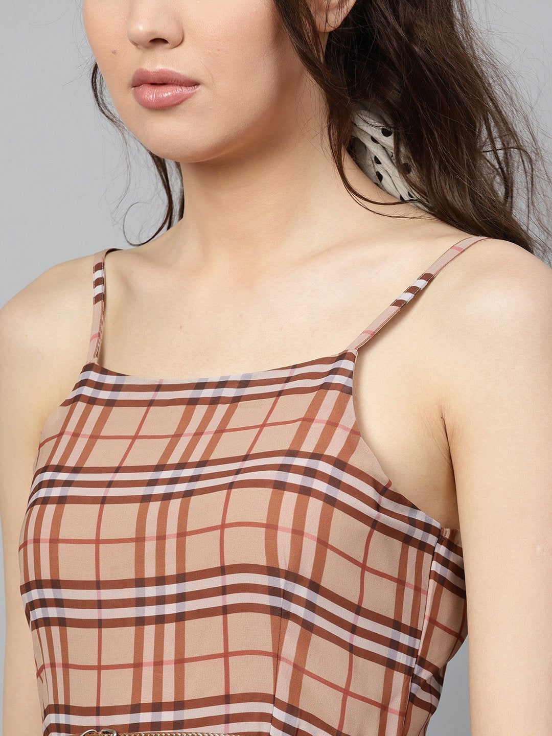 Women's Brown Check Strappy Flared Dress