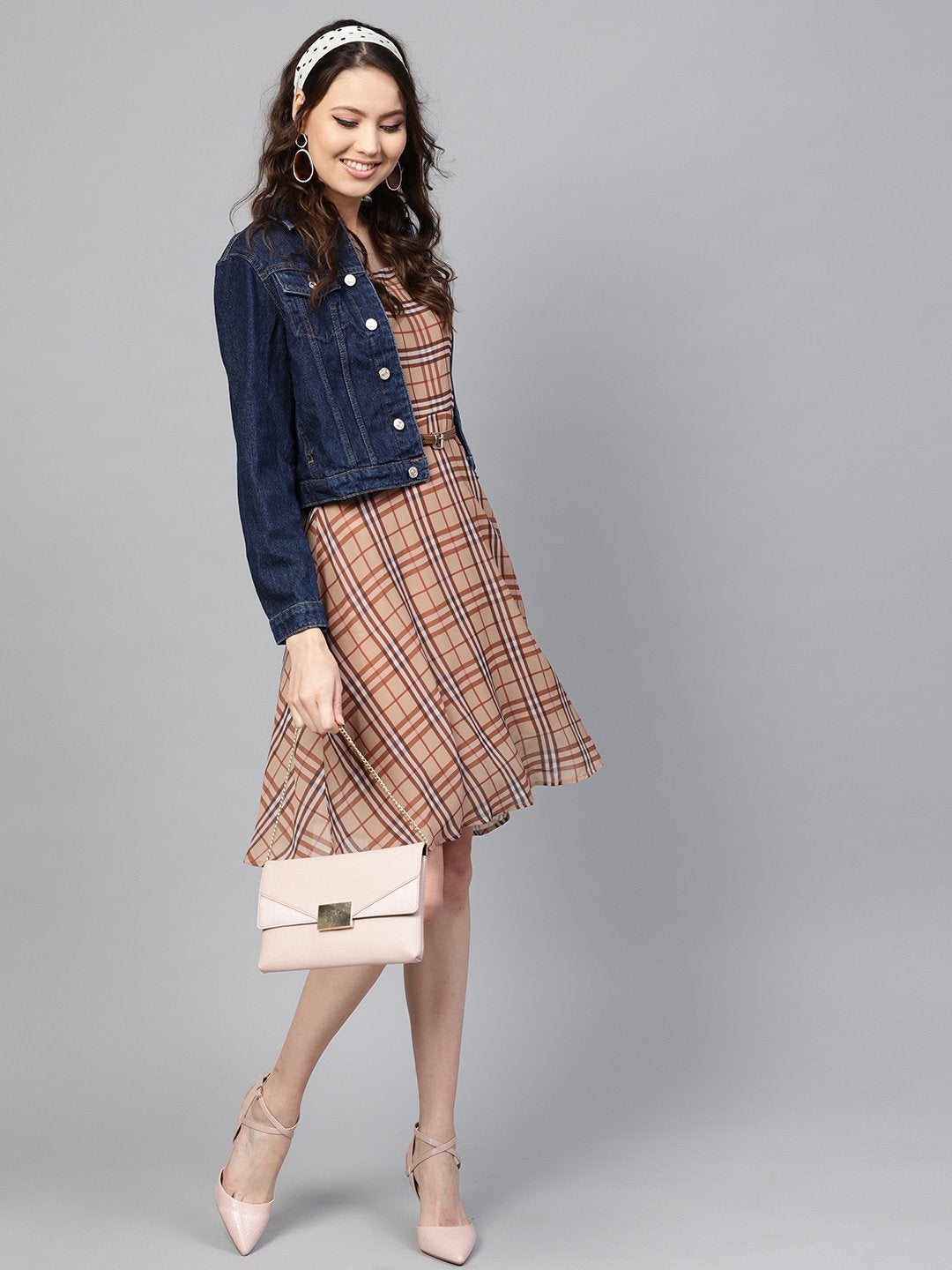 Women's Brown Check Strappy Flared Dress