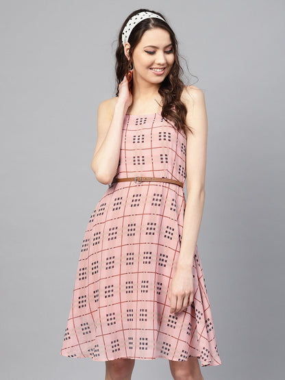 Women's Pink Check Strappy Flared Dress