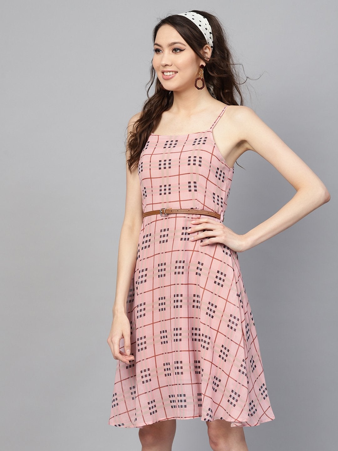 Women's Pink Check Strappy Flared Dress