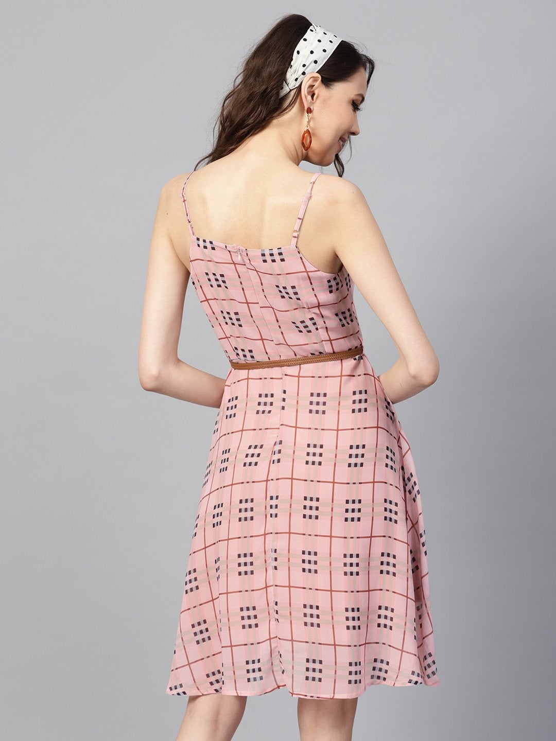 Women's Pink Check Strappy Flared Dress