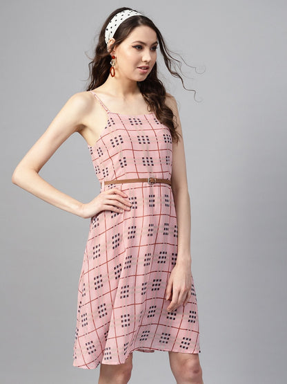 Women's Pink Check Strappy Flared Dress