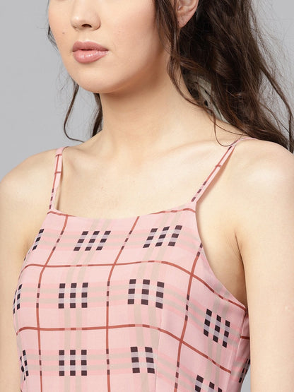 Women's Pink Check Strappy Flared Dress