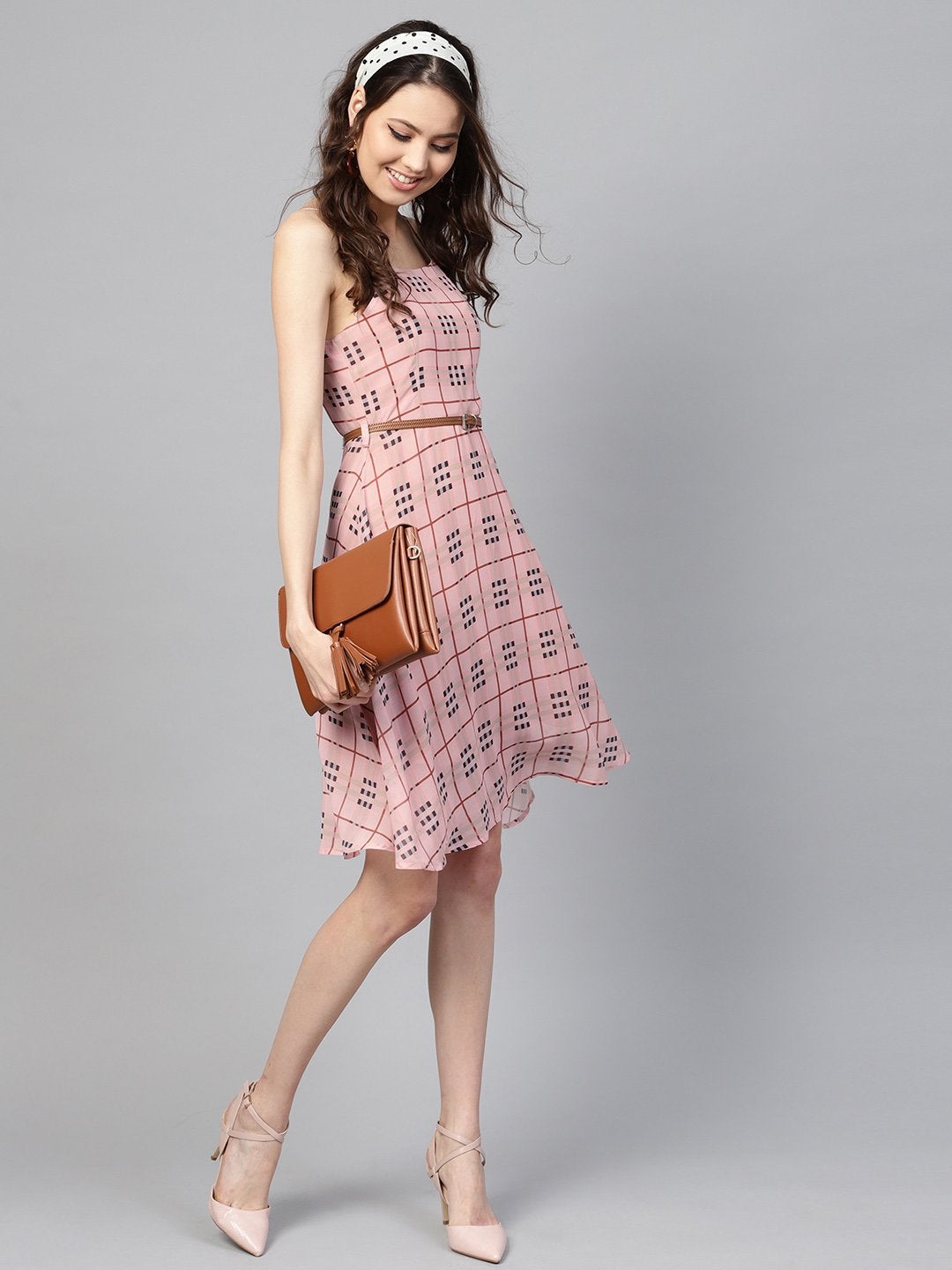 Women's Pink Check Strappy Flared Dress