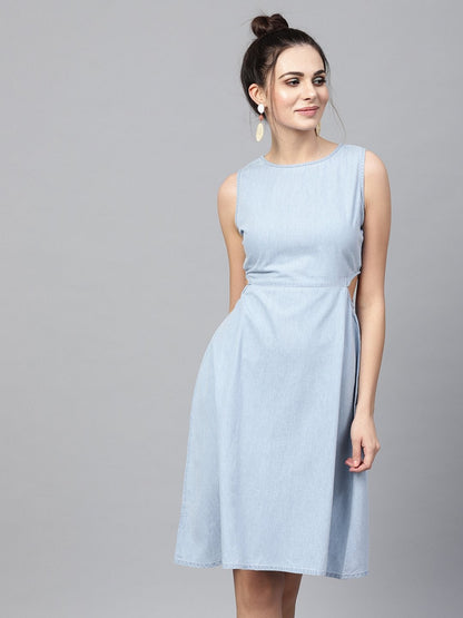Women's Blue Denim Side Cut Out Dress