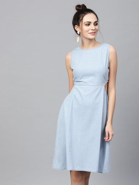Women's Blue Denim Side Cut Out Dress