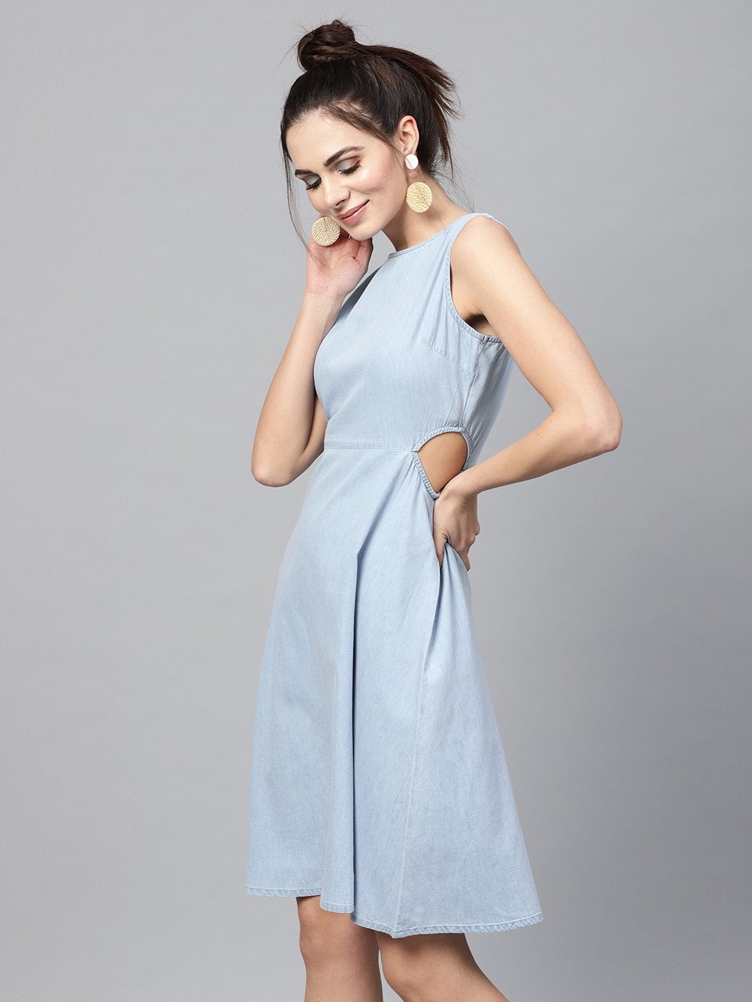 Women's Blue Denim Side Cut Out Dress