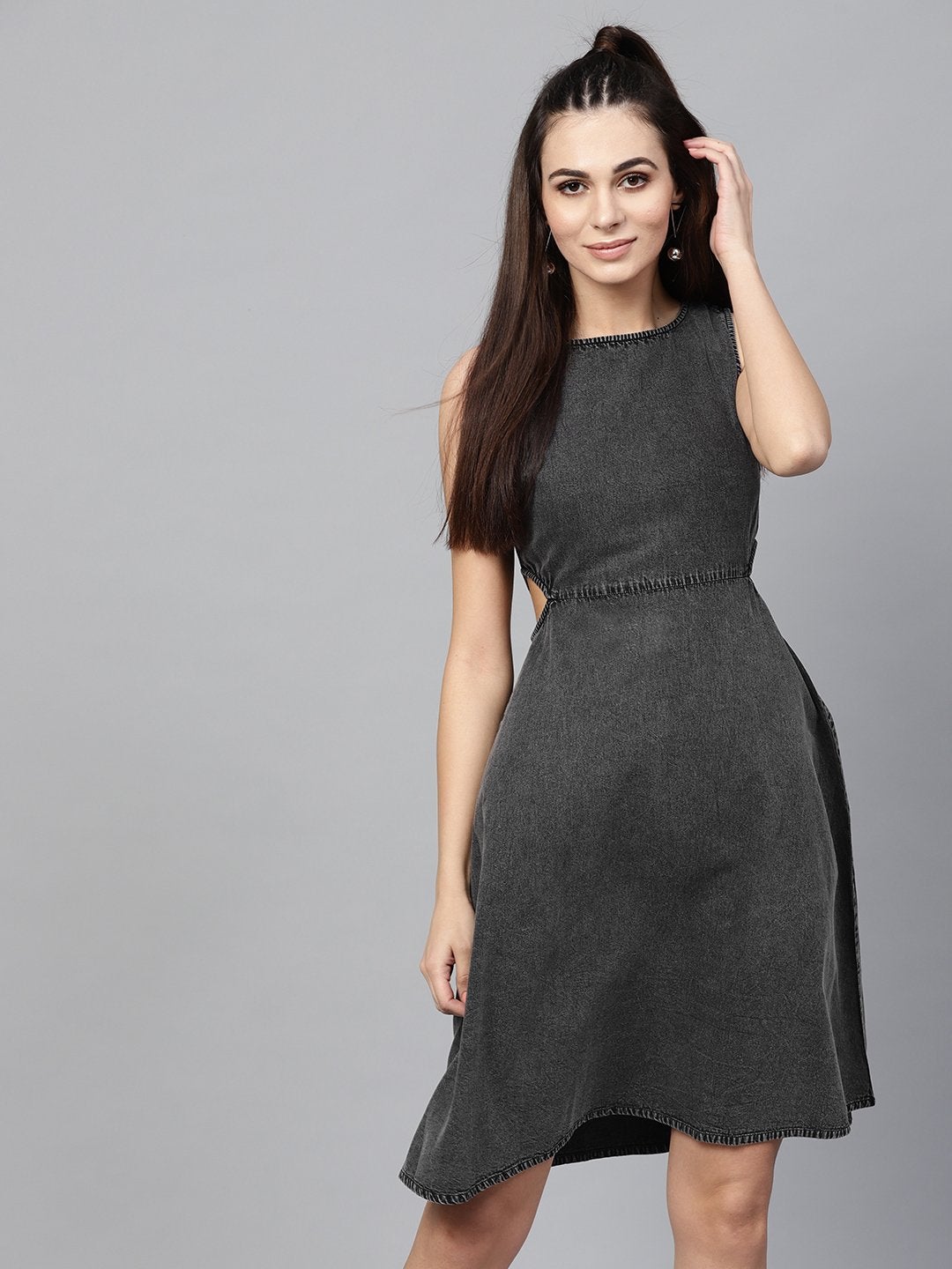 Women's Black Denim Side Cut Out Dress