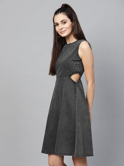 Women's Black Denim Side Cut Out Dress