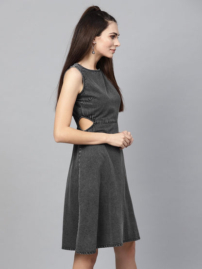 Women's Black Denim Side Cut Out Dress
