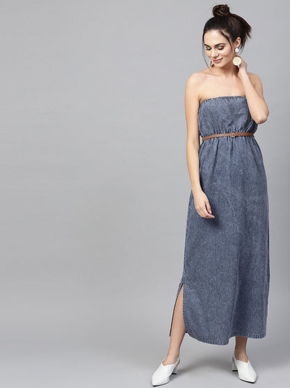 Women's Blue Acid Demin Bardot Belted Maxi