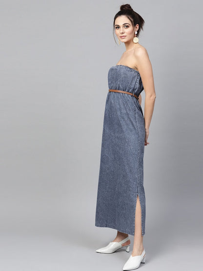 Women's Blue Acid Demin Bardot Belted Maxi