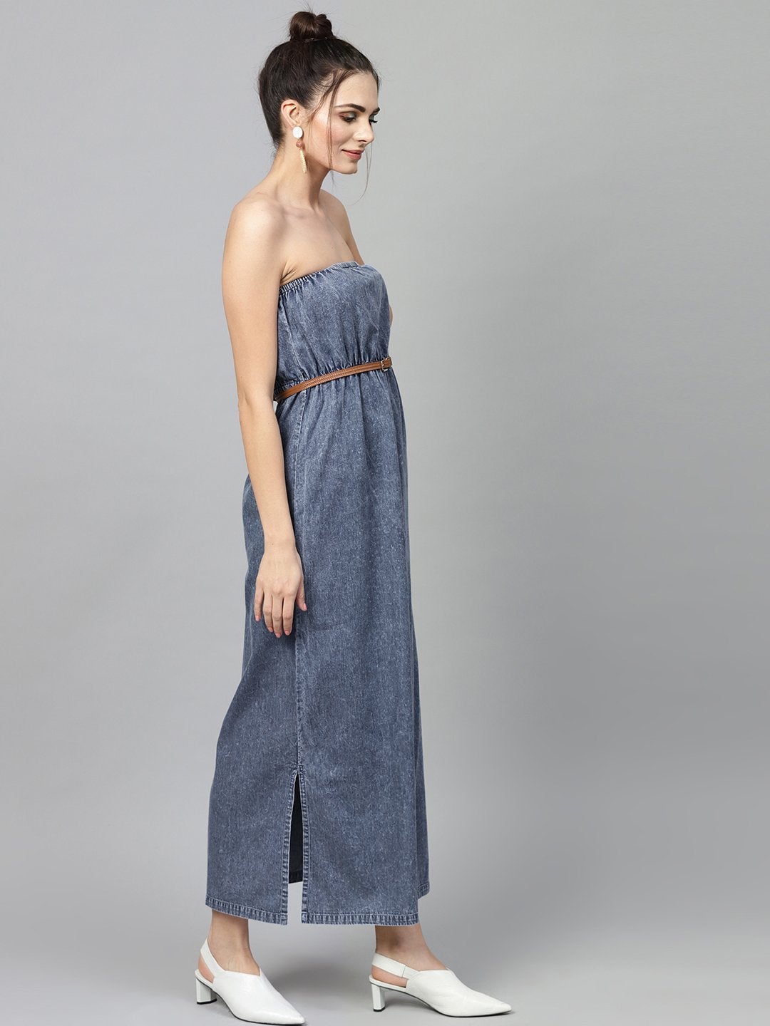 Women's Blue Acid Demin Bardot Belted Maxi