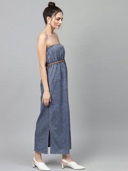 Women's Blue Acid Demin Bardot Belted Maxi
