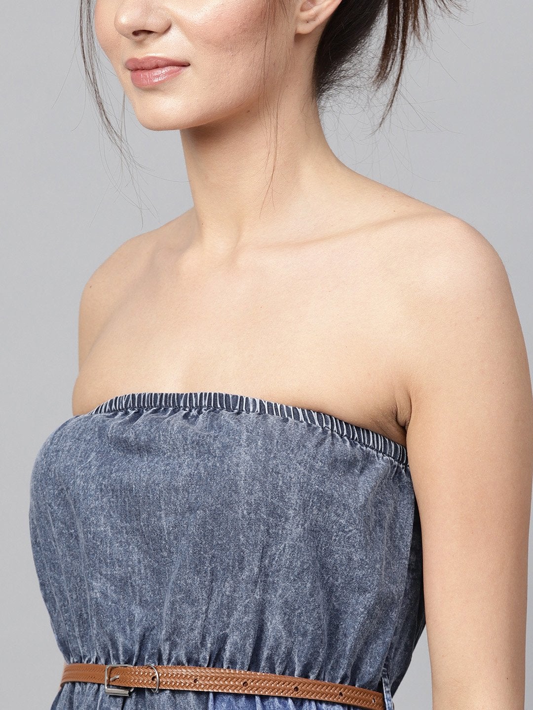 Women's Blue Acid Demin Bardot Belted Maxi