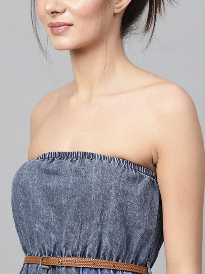 Women's Blue Acid Demin Bardot Belted Maxi