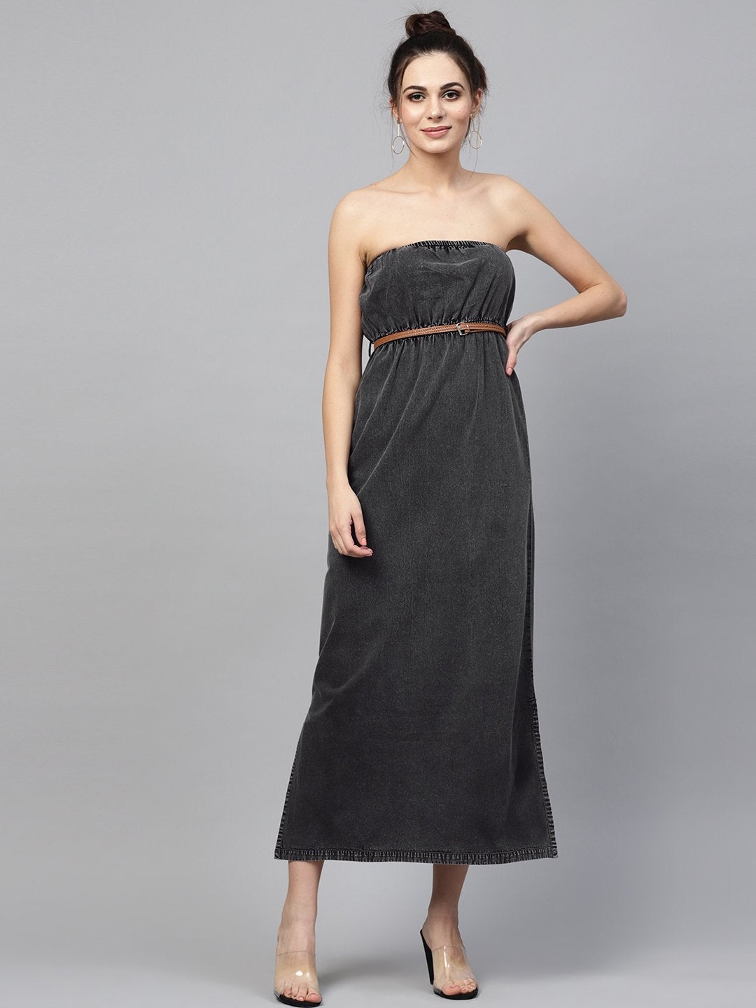 Women's Black Acid Demin Bardot Belted Maxi