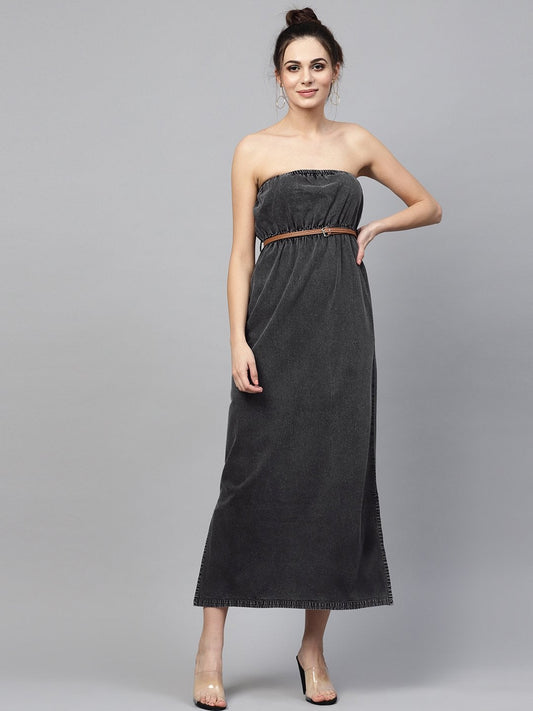Women's Black Acid Demin Bardot Belted Maxi