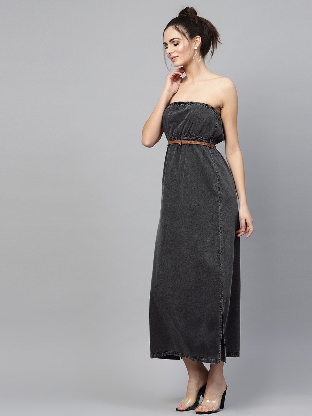 Women's Black Acid Demin Bardot Belted Maxi