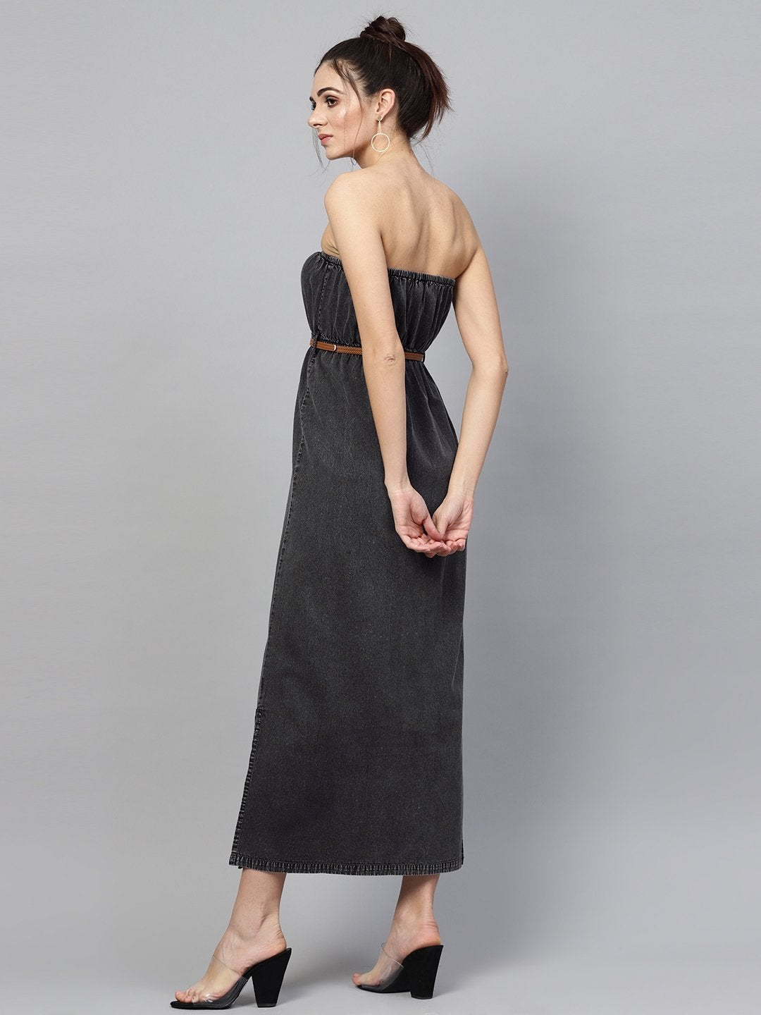 Women's Black Acid Demin Bardot Belted Maxi