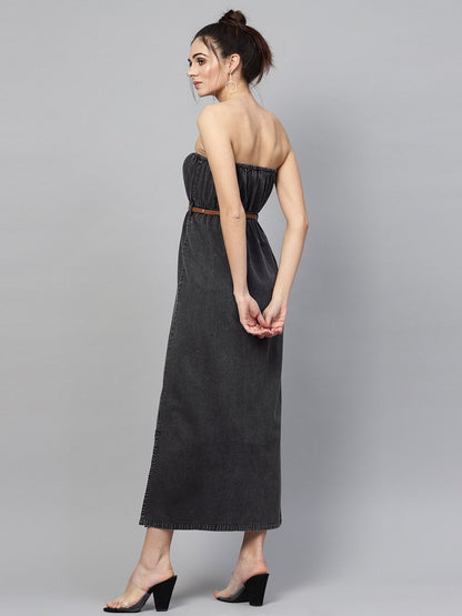 Women's Black Acid Demin Bardot Belted Maxi