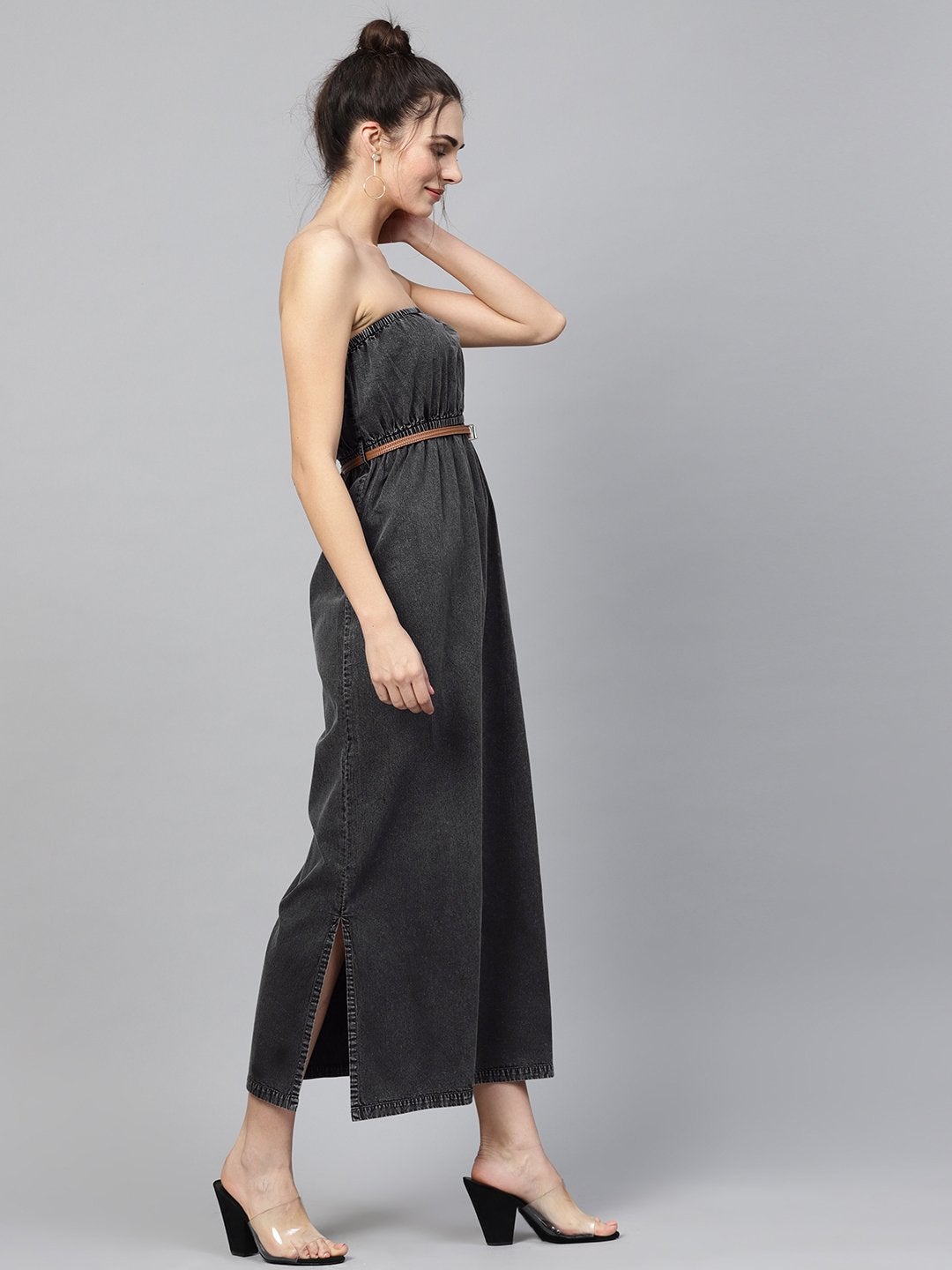 Women's Black Acid Demin Bardot Belted Maxi