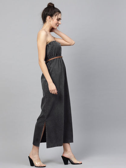 Women's Black Acid Demin Bardot Belted Maxi