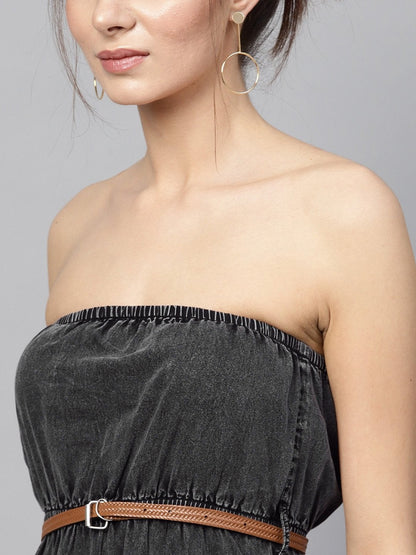 Women's Black Acid Demin Bardot Belted Maxi