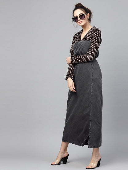 Women's Black Acid Demin Bardot Belted Maxi