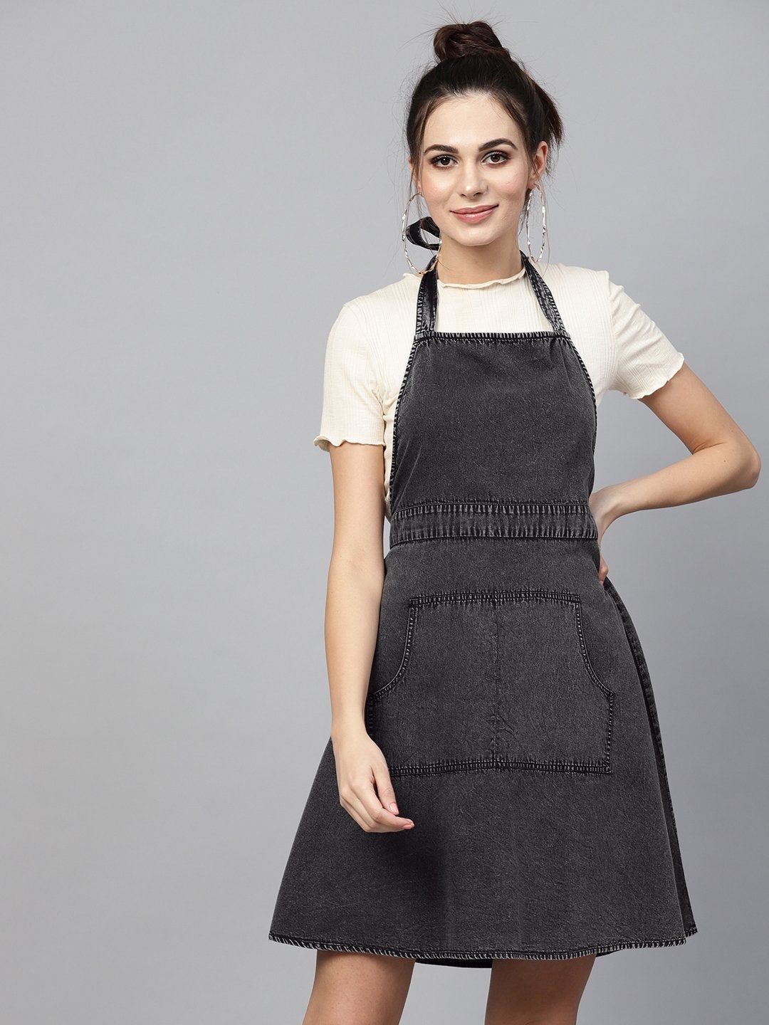 Women's Black Denim Acid Wash Apron Dress