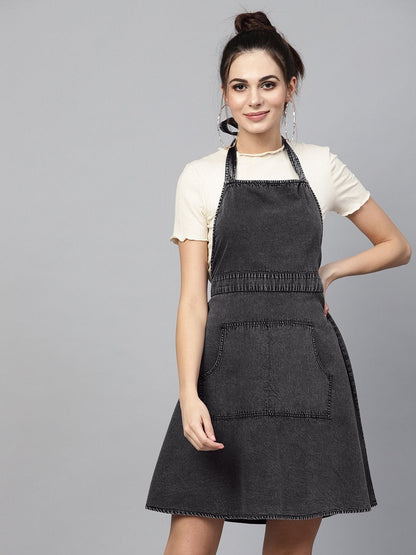 Women's Black Denim Acid Wash Apron Dress