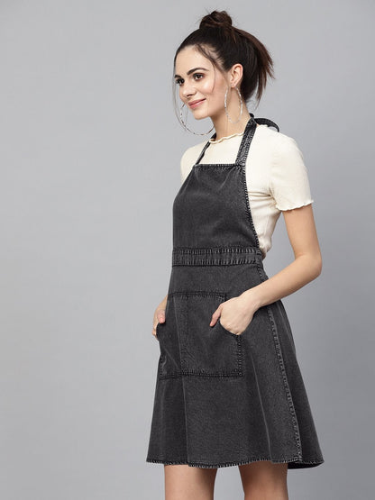 Women's Black Denim Acid Wash Apron Dress