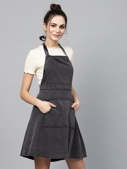 Women's Black Denim Acid Wash Apron Dress